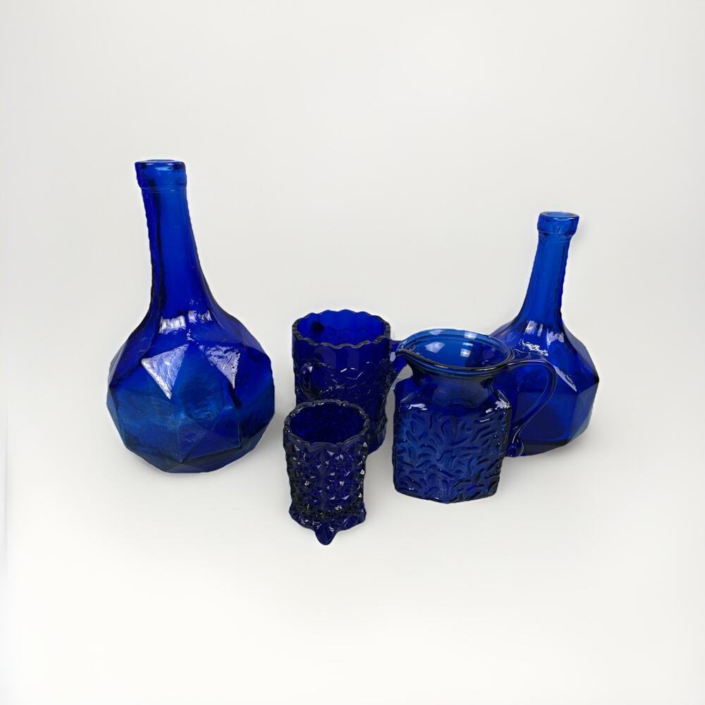 Vintage Cobalt Blue Faceted Bottle Lot Dish Creamer Glass Vase Decoration